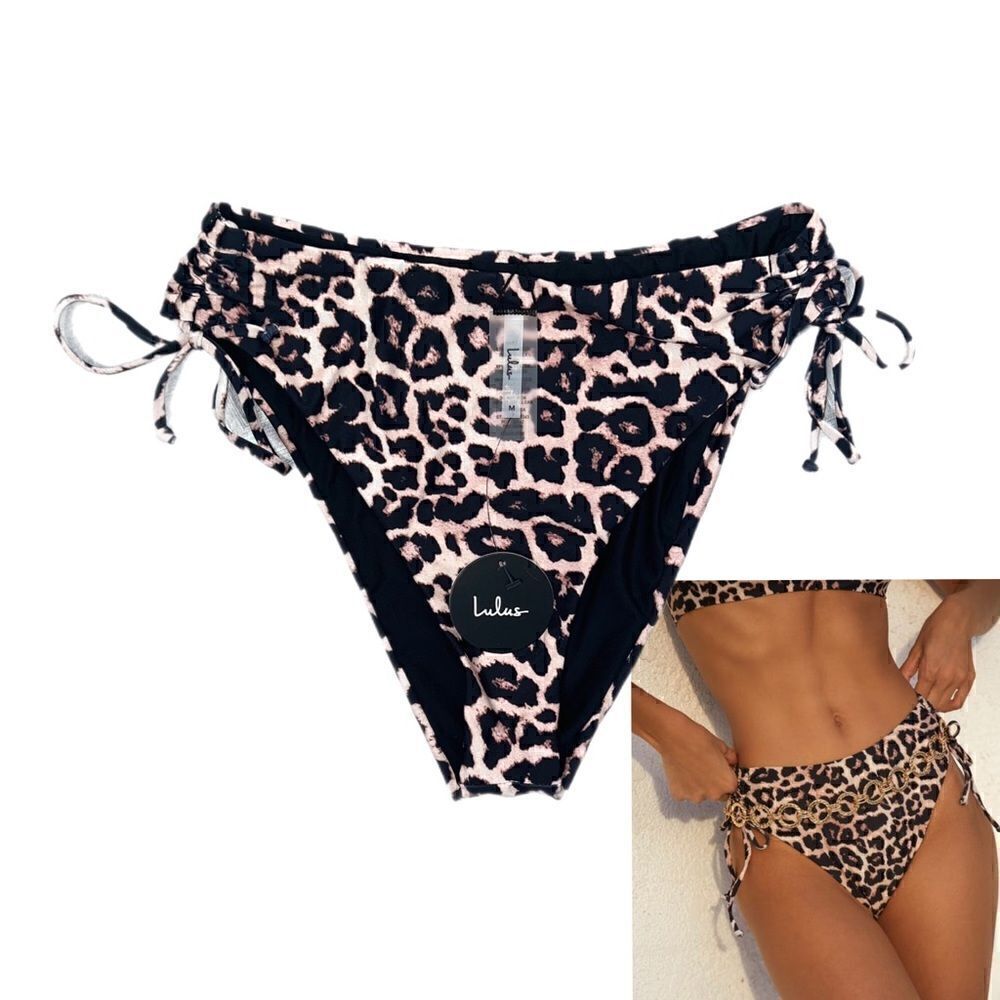 Lulus Set for Vacay Side Tie Bikini Bottoms - Beige Leopard (M)